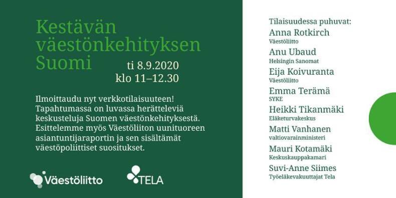 Kestävän väestönkehityksen Suomi -tilaisuuden mainos.