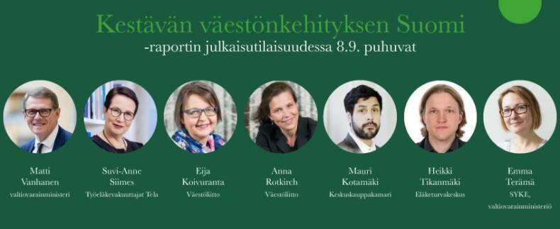 Kestävän väestönkehityksen Suomi -tilaisuuden puhujat.